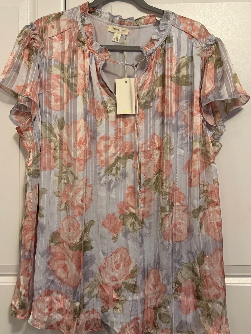 Tamara H Floral Ruffle Short-Sleeve Blouse in Light Blue and Pink
